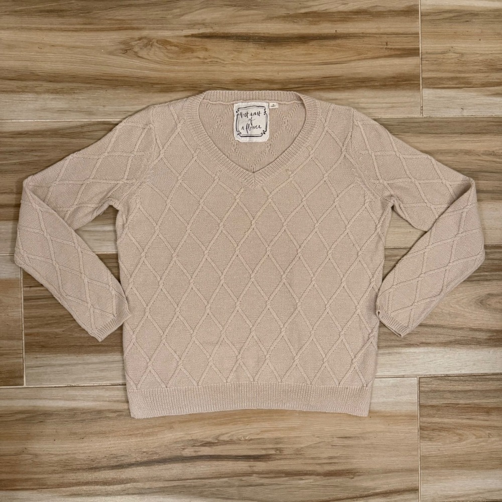 Anthropologie Portrait of a Flower Cotton Diamond Lattice V-Neck Sweater M